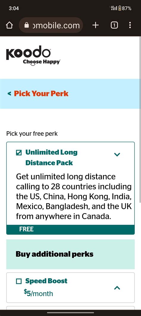 koodo perk long distance countries.